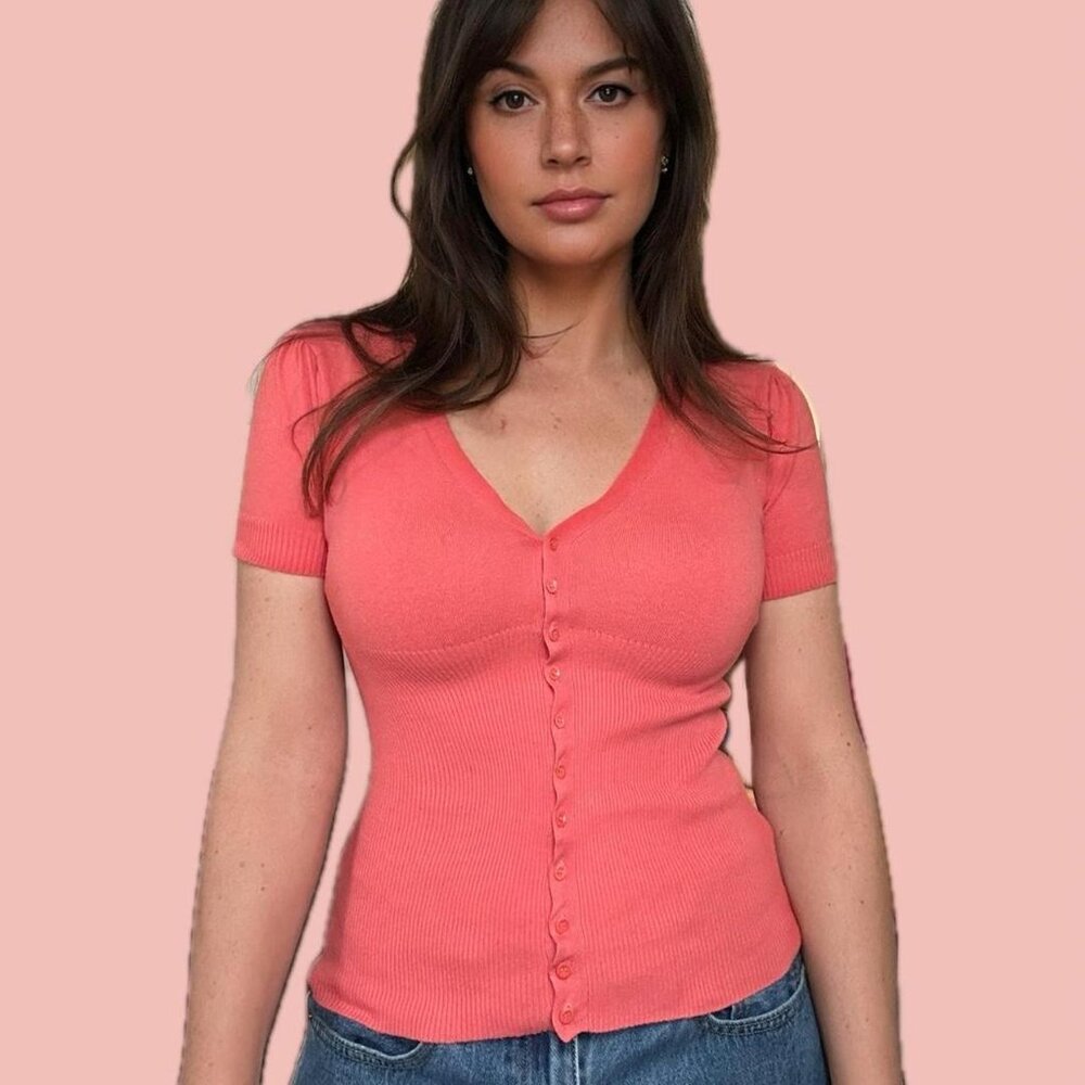 🧡 2 for 10$ Vintage Coral Button-Up T-Shirt (Jacob, Size Small) 2000s Silhouette